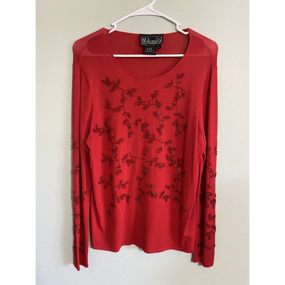 Vintage Rochelle California Red Sparkly Beaded Sweater Size Large Christmas